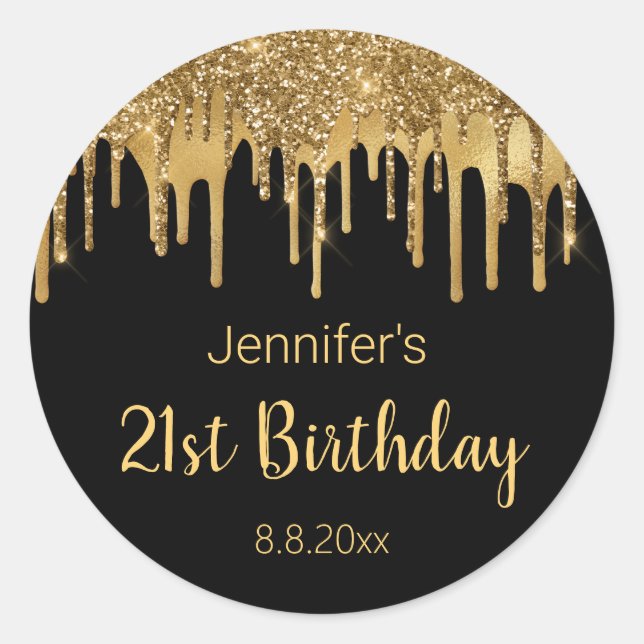 21st birthday black gold dripping glitters   classic round sticker (Front)