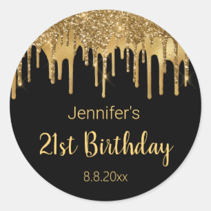 21st birthday black gold dripping glitters classic round sticker
