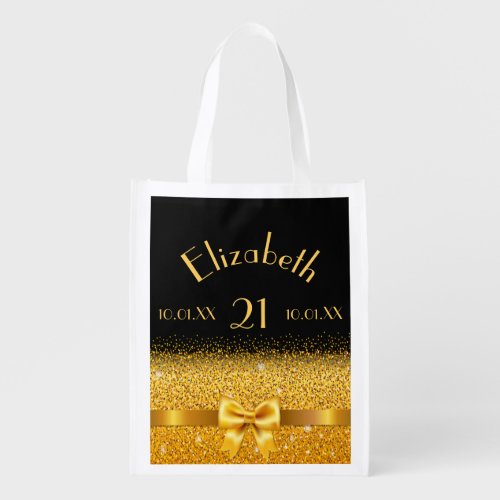 21st birthday black gold elegant name grocery bag