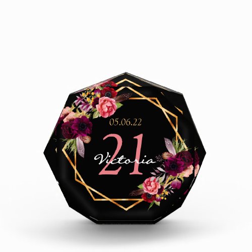 21st birthday black gold florals name acrylic award