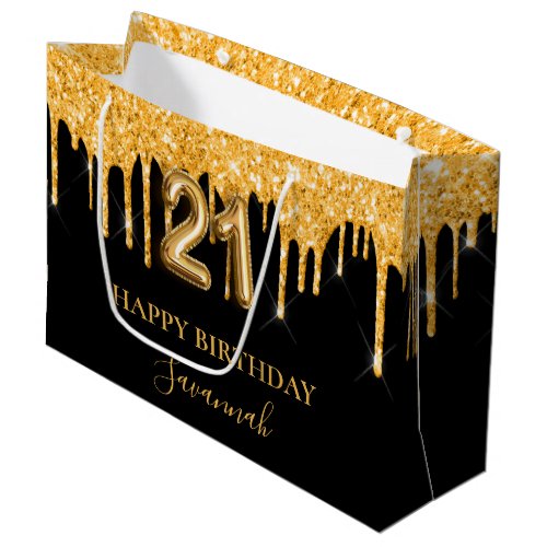 21st birthday black gold glitter drips name large gift bag