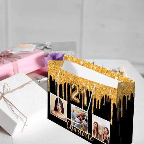 21st birthday black gold glitter drips photo large gift bag