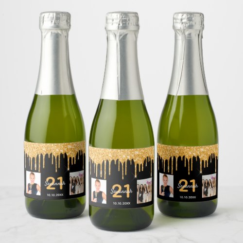 21st birthday black gold glitter drips photo sparkling wine label