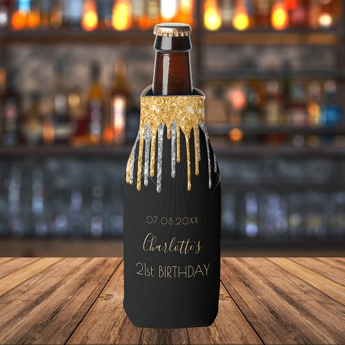 21st birthday black gold glitter silver name bottle cooler