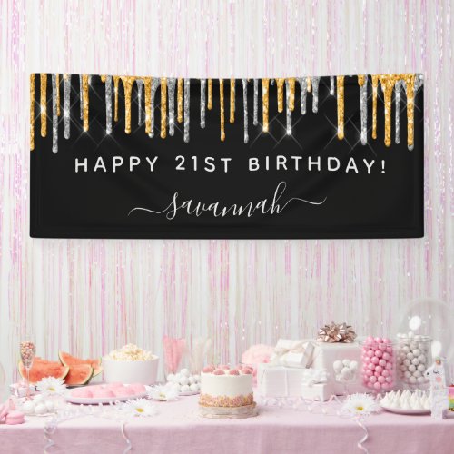 21st birthday black gold glitter silver sparkle banner