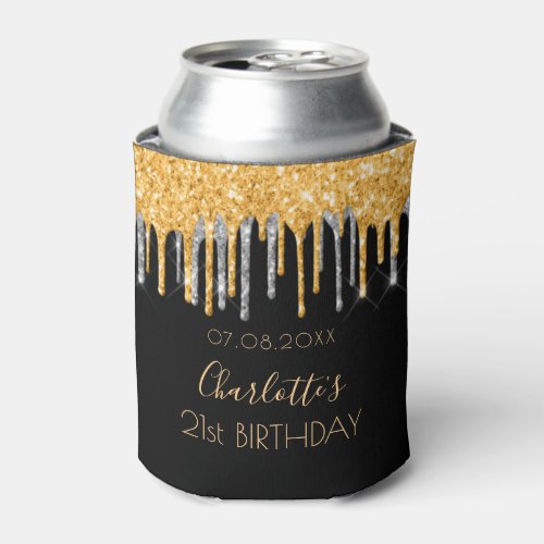 21st birthday black gold glitter silver sparkle can cooler
