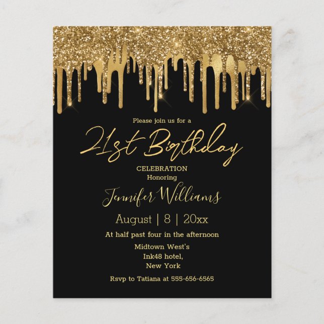  21st birthday black gold glitters invitation  (Front)