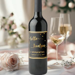 21st birthday black gold hello 21 name script wine label<br><div class="desc">Elegant and modern for a 21st birthday party. Black backdrop and faux gold text written with a trendy han-lettered style script: hello twentyone With faux golden dots as decor. Templates for name and date, golden letters. You can change the background color to match your theme. Click customize and then "select...</div>
