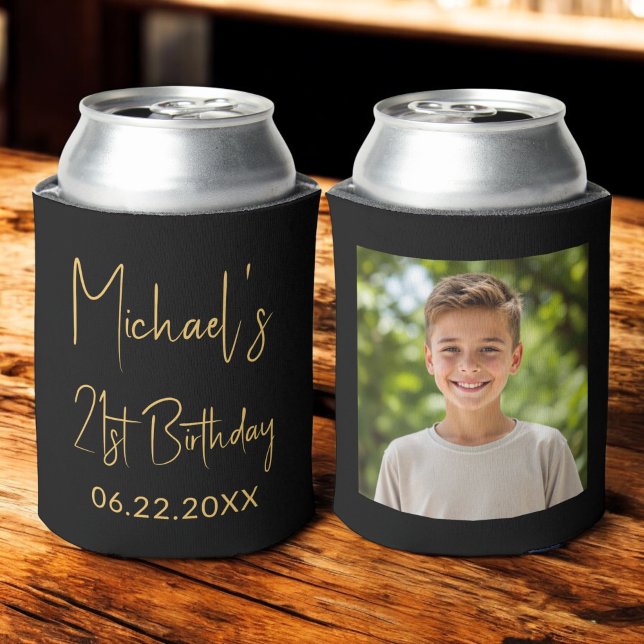21st Birthday Black Gold Instagram Photo Can Cooler (Creator Uploaded)