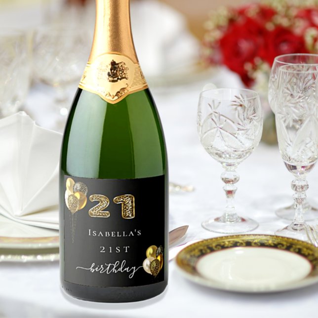 21st birthday black gold leopard balloons sparkling wine label (Creator Uploaded)