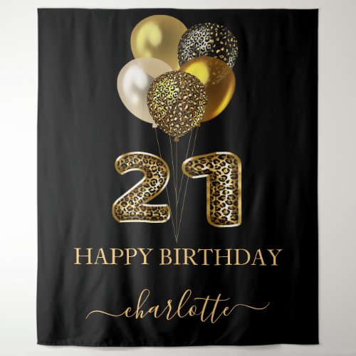 21st birthday black gold leopard name script tapestry