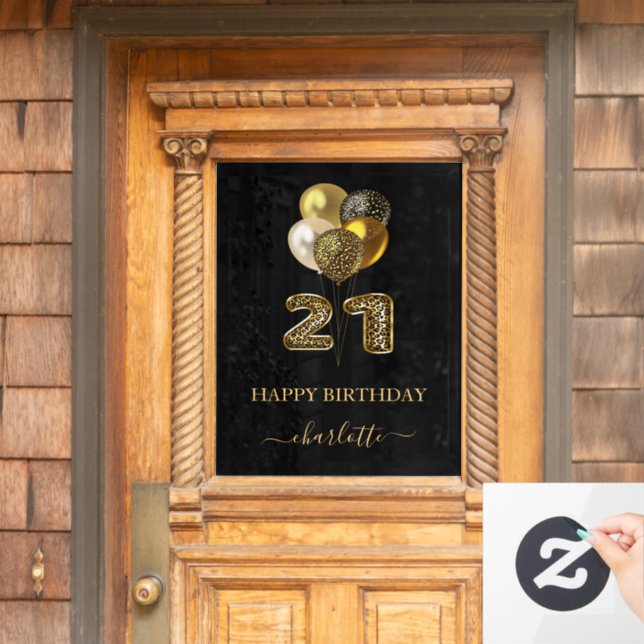 21st birthday black gold leopard name script window cling (Home Door)