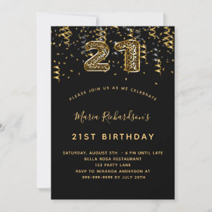 21st birthday black gold leopard pattern confetti invitation