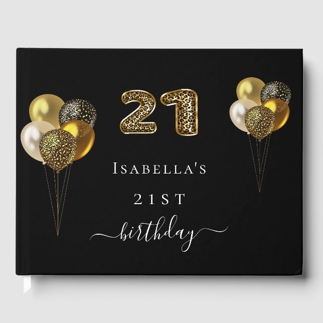21st birthday black gold leopard print birthday guest book (Front)