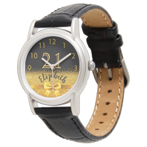 21st birthday black gold monogram elegant bow watch
