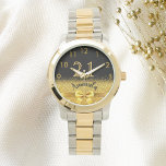 21st birthday black gold monogram watch<br><div class="desc">Elegant, classic, glamorous and feminine. A faux gold colored bow and ribbon with golden glitter and sparkle, a bit of bling and luxury for a birthday gift or keepsake. Black background. Templates for her name, and the age 21. The name is written with a modern hand lettered style script. Golden...</div>