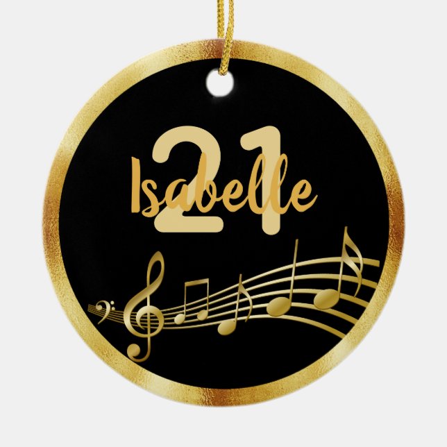 21st birthday black gold music notes name ceramic ornament (Front)