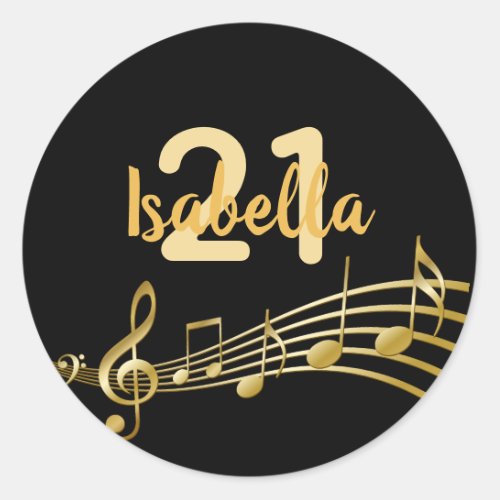 21st birthday black gold music notes name classic round sticker