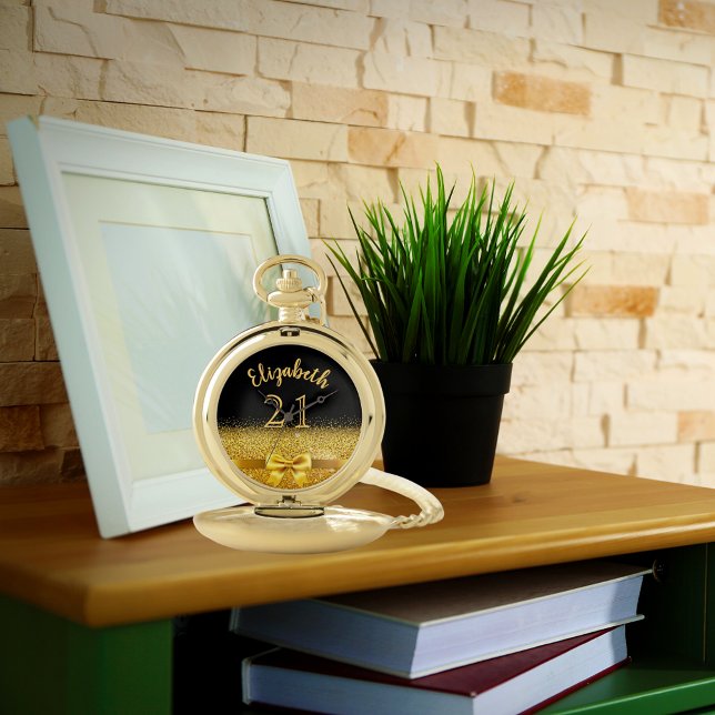 21st birthday black gold name bow elegant pocket watch (Creator Uploaded)