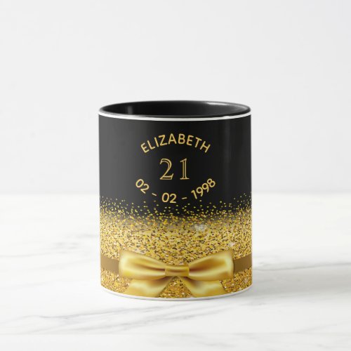 21st birthday black gold name elegant bow mug