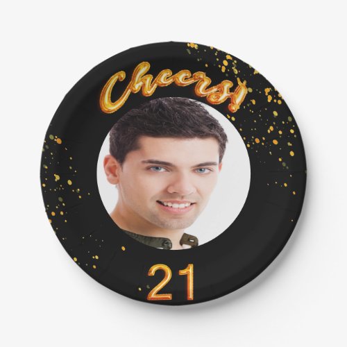 21st birthday black gold photo guy paper plates