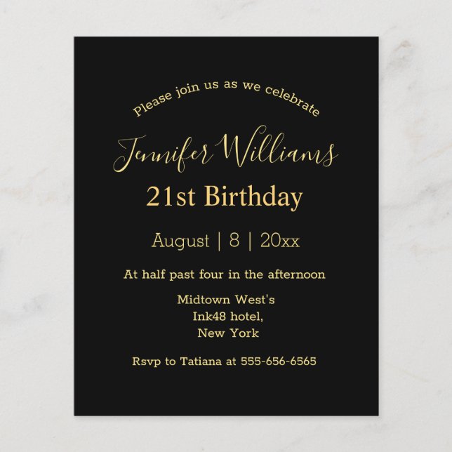 21st birthday black gold script minimal invitation (Front)