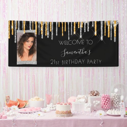 21st birthday black gold silver glitter drip photo banner