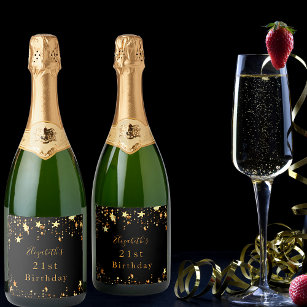 21st birthday black gold stars modern elegant sparkling wine label