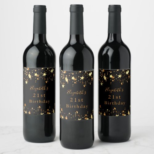 21st birthday black gold stars modern elegant wine label