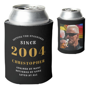 21st Birthday Black Gold With Name & Photo Can Cooler