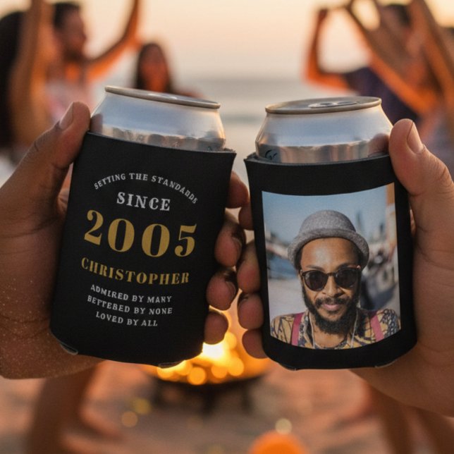 21st Birthday Black Gold With Photo Can Cooler (21st birthday can cooler front and rear shot. Blurred background.)