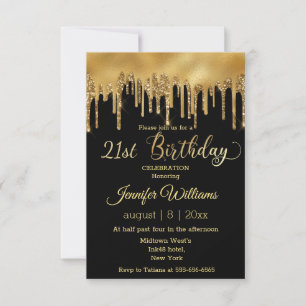 21st birthday black golden dripping glitters chic invitation