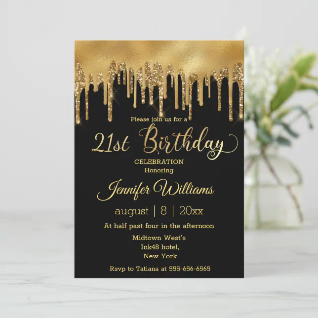 21st birthday black golden dripping glitters chic invitation | Zazzle