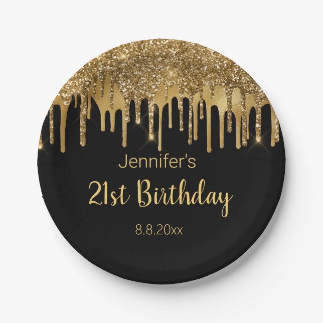 21st birthday black golden dripping glitters  paper plates (Front)