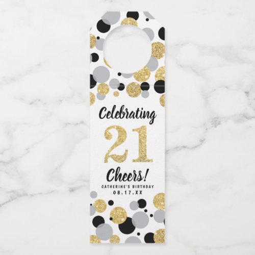 21st Birthday Black Gray Gold Glitter Confetti Bottle Hanger Tag