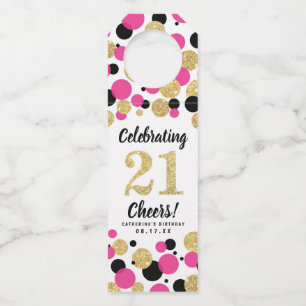 21st Birthday Black Hot Pink Gold Glitter Confetti Bottle Hanger Tag
