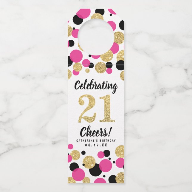 21st Birthday Black Hot Pink Gold Glitter Confetti Bottle Hanger Tag (Front)