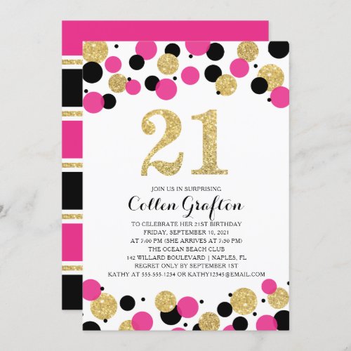 21st Birthday Black Hot Pink Gold Glitter Confetti Invitation