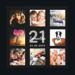 21st birthday black monogram custom photo collage canvas print<br><div class="desc">A unique 21st birthday gift or keepsake, celebrating her life with a collage of 8 of your photos. Add images of her family, friends, pets, hobbies or dream travel destination. Personalize and add a name, age 21 and a date. Gray and white colored letters. A chic black background. This canvas...</div>
