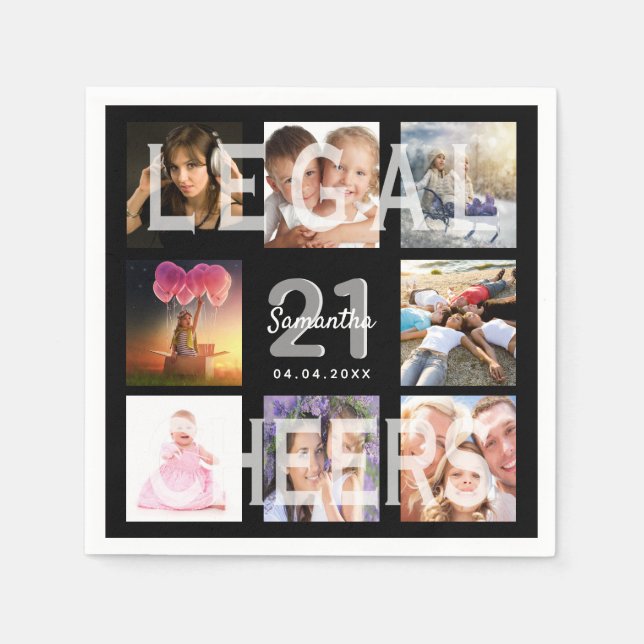 21st birthday black photo collage legal napkins (Front)