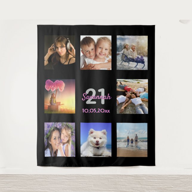 21st birthday black photo collage tapestry (Front)