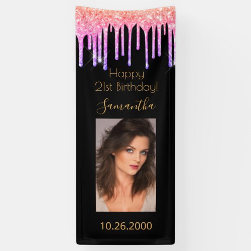 21st Birthday black photo rainbow glitter pink Banner