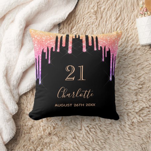 21st birthday black pink gold glitter drips throw pillow