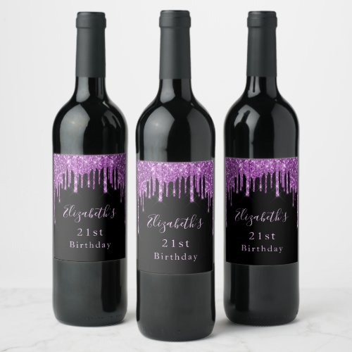 21st birthday black purple glitter drip pink glam wine label