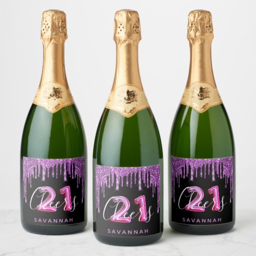 21st birthday black purple glitter glam cheers sparkling wine label