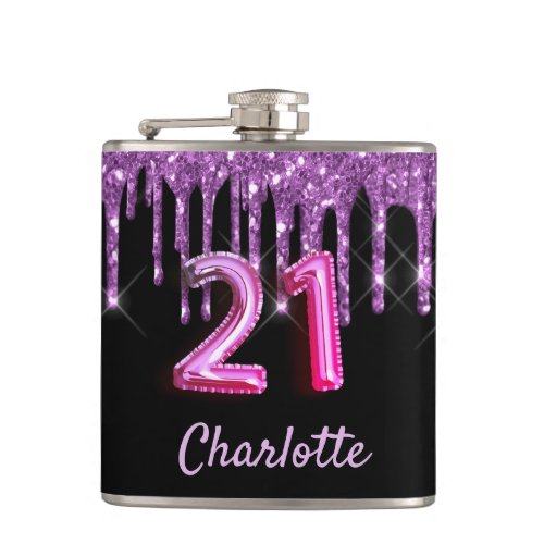 21st birthday black purple glitter monogram flask