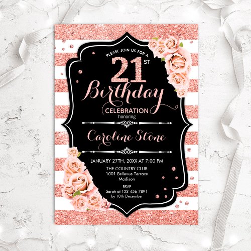 21st Birthday Black Rose Gold and White Stripes Invitation