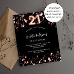 21st birthday black rose gold budget invitation<br><div class="desc">A classic black background,  decorated with rose gold stars. Personalize and add a name and party details. Number 21 is written with a balloon style script. 

1 sheet = 1 invitation printed edge to edge.</div>