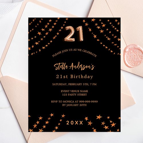21st birthday black rose gold budget invitation flyer