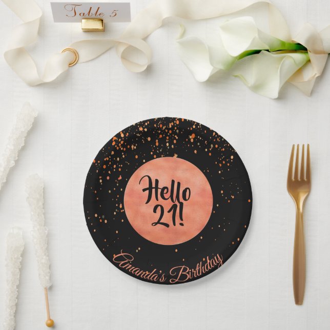 21st birthday black rose gold confetti hello 21 paper plates (Wedding)